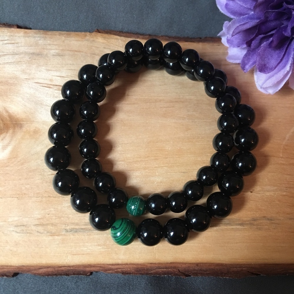 Couples bracelet set black jasper and malachite beaded bracelet